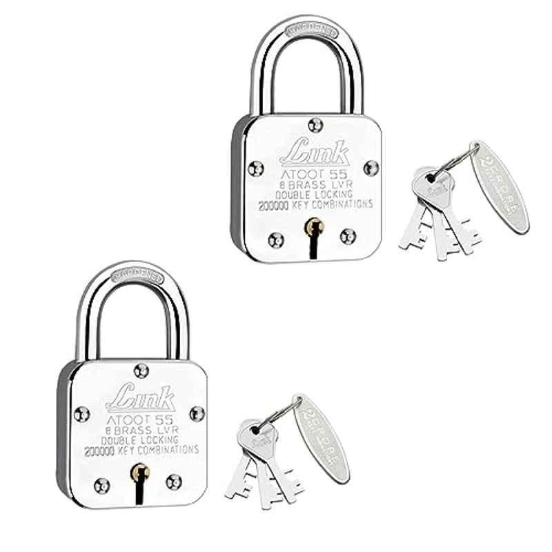 Link 55mm Steel Hardened Shackle Padlock with 8 Brass Lever, 3 Silver Keys & Free Key Hanger, Atoot 55 (Pack of 2)