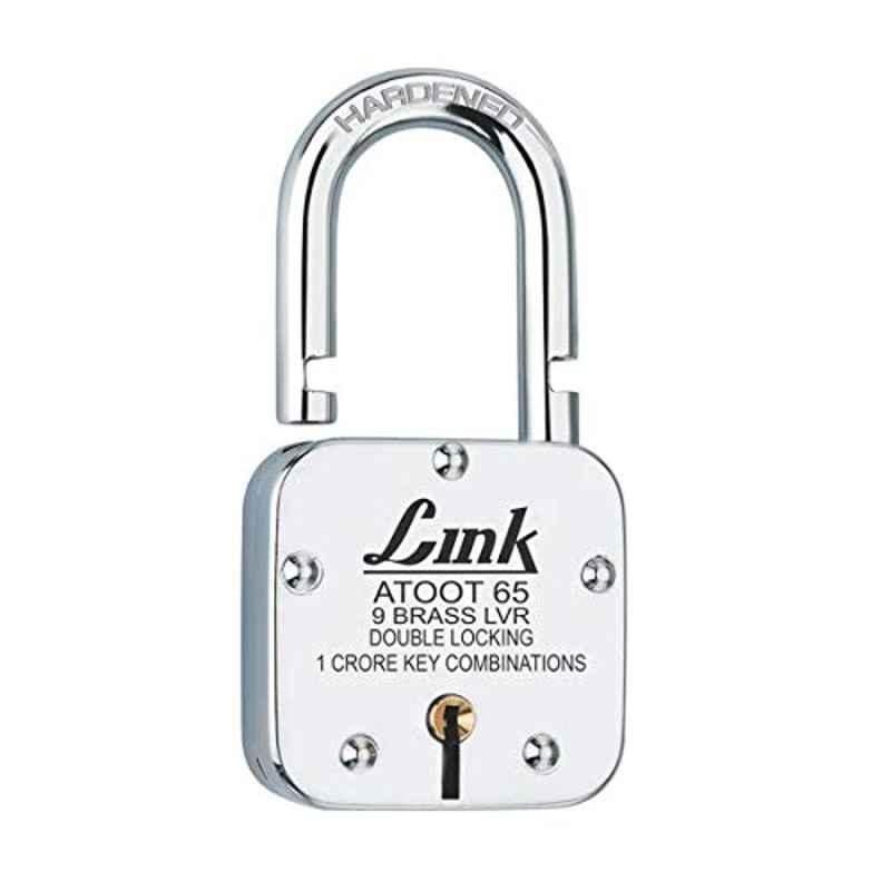 Link 65mm 9 Lever Brass Silver Double Locking Padlock with 3 Keys & Free Key Hanger, Atoot 65 (Pack of 2)
