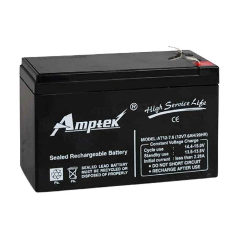 Amptek 12V 7.6Ah Black Sealed Rechargeable SMF Industrial Battery, AT12-7.6
