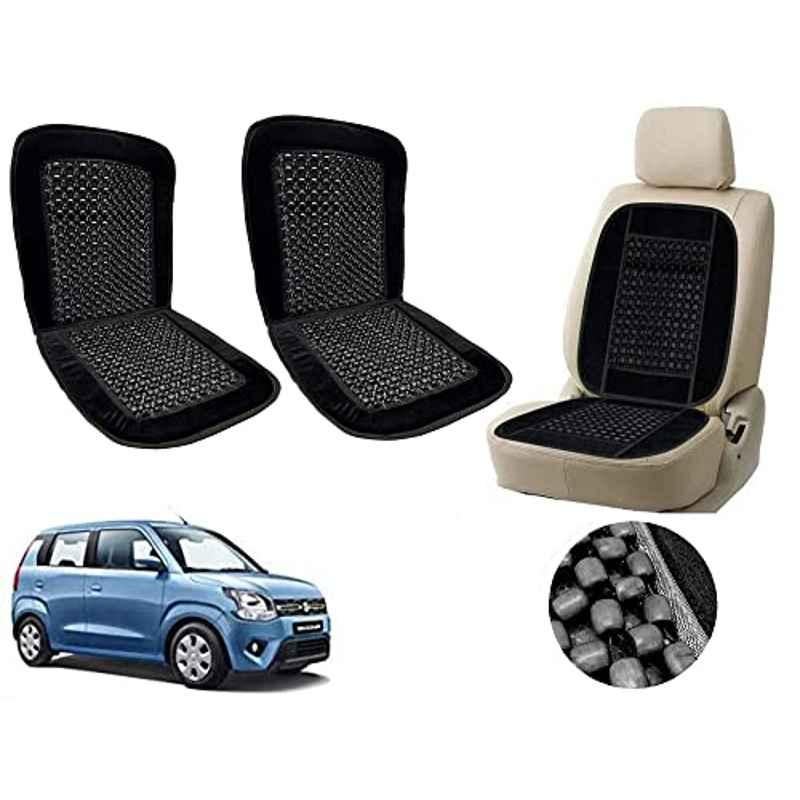Auto Pearl PU, Velvet & Wooden Beads Black Rectangular Seat Cushion for Maruti Suzuki WagonR 2019 (Pack of 2 )