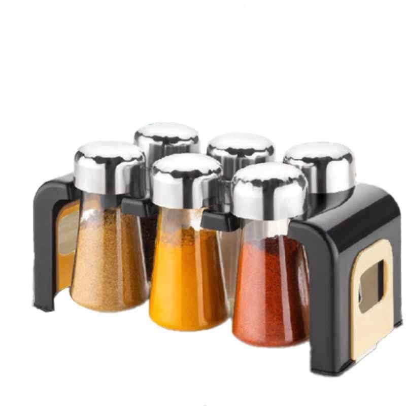 DeoDap 6 Pcs Plastic Round Multipurpose Spice Rack Set with Steel Cap, 2458