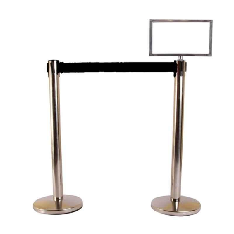 Ladwa 2 Pcs Stainless Steel Hook Type Barricade Set with 2.25m Black Belt & A3 Sign Plate, LSI-QMB-A3-P2-N