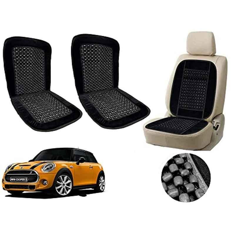 Auto Pearl PU, Velvet & Wooden Beads Black Rectangular Seat Cushion for Mini Cooper (Pack of 2 )