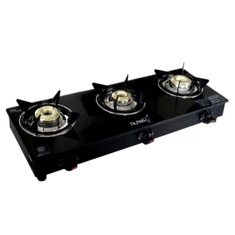 Ruwa 3 Burner Glass Top Black Manual Gas Stove, RGLS3B