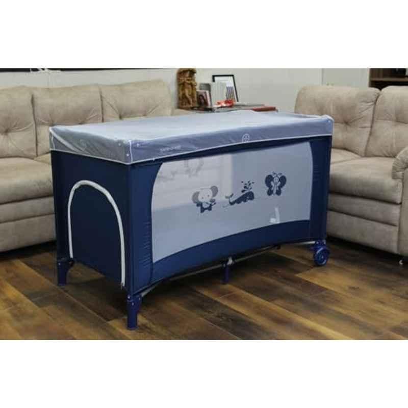 Safe-O-Kid 2-in-1 Blue & White Folding Convertible Bedside Cot with Mosquito Net for Kids & Toddlers, SOK9CARCOTPB004