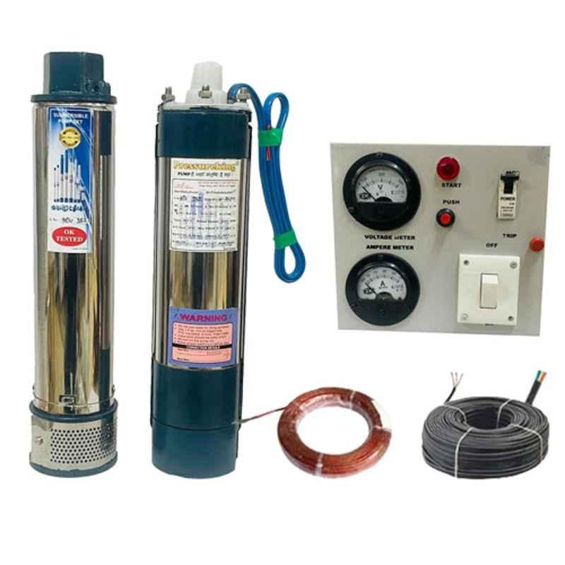 Pressureking 1HP 8 Stage Oil Filled Submersible Pump for Borewell with Control Panel, 30 m Cable & 30 m Safety Wire, Total Head: 80-120 ft by Moglix