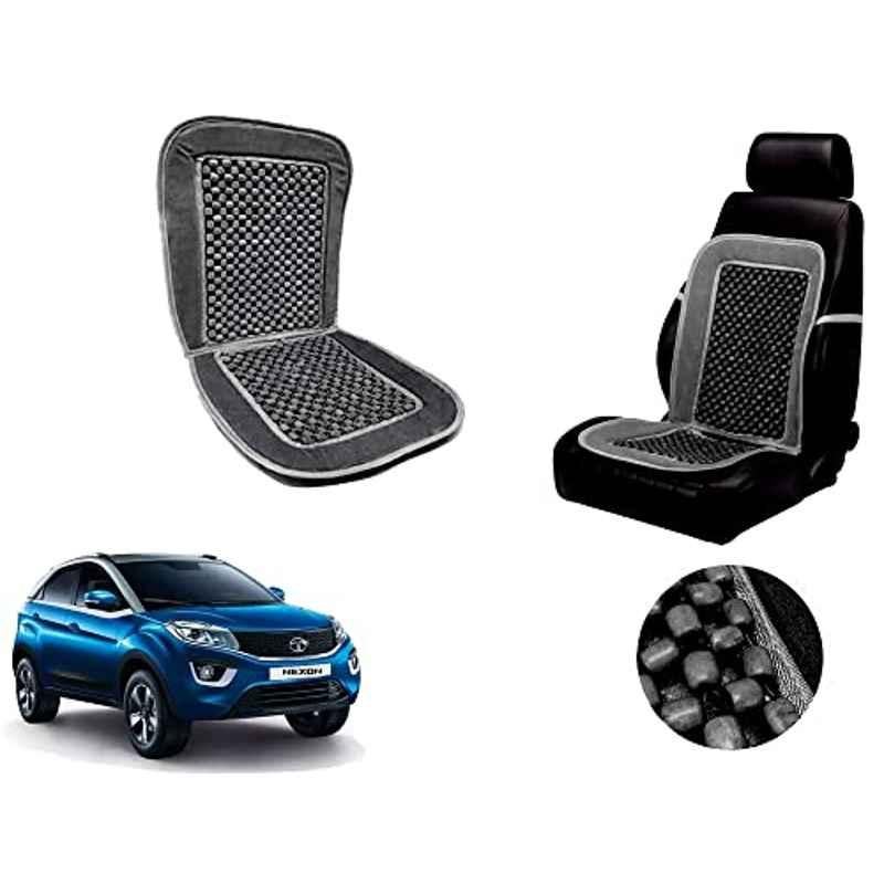 Auto Pearl PU, Velvet & Wooden Beads Grey Rectangular Seat Cushion for Tata Nexon