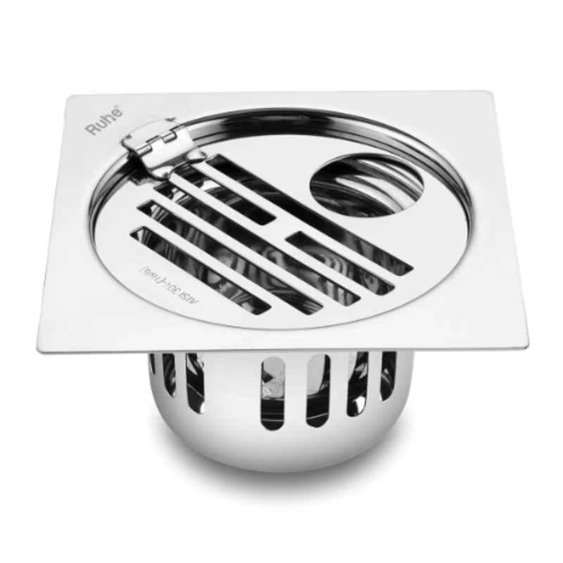 Ruhe Classic 5x5 inch Stainless Steel 304 Square Flat Cut Floor Drain with Hinge, Hole & Cockroach Trap, 16-0307-35