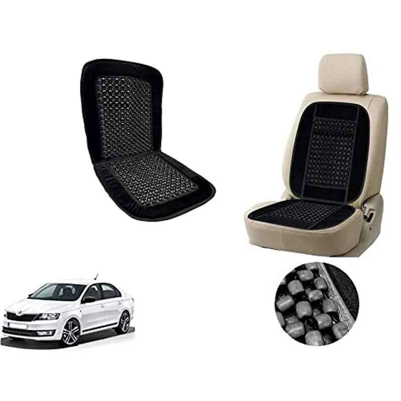 Auto Pearl PU, Velvet & Wooden Beads Black Rectangular Seat Cushion for Skoda Rapid 2012