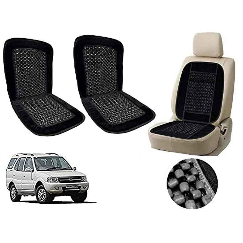 Auto Pearl PU, Velvet & Wooden Beads Black Rectangular Seat Cushion for Tata Safari Storme (Pack of 2 )