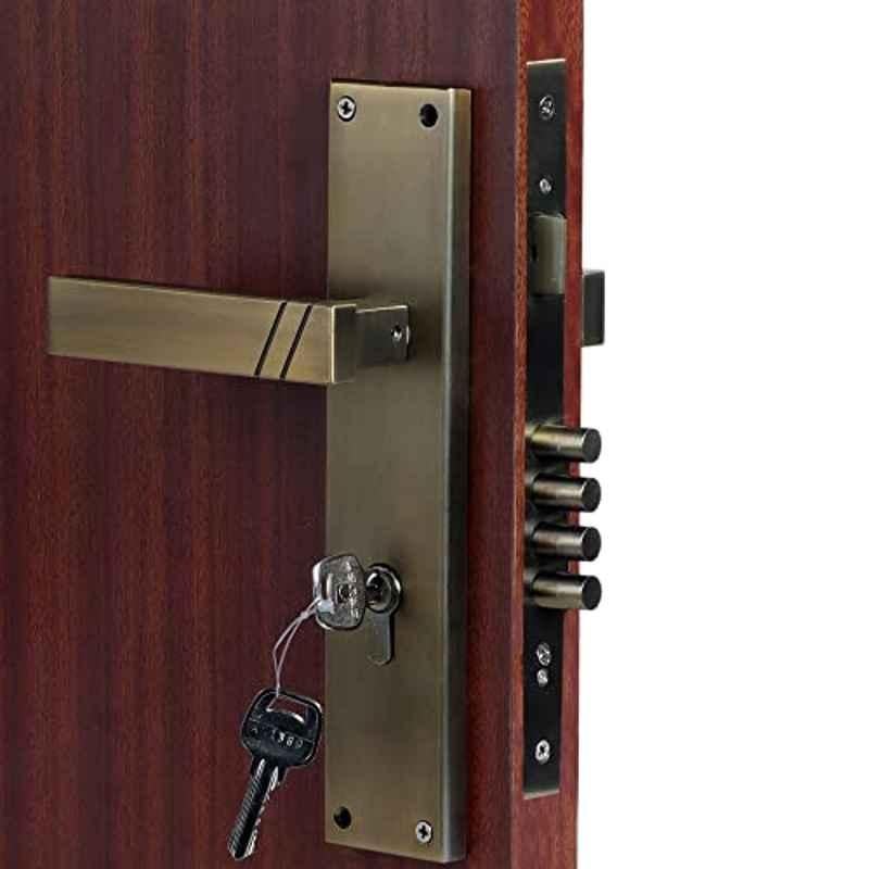 Voltizi Sierra â€ŽStainless Steel â€ŽAntique Brass Finish Mortise Bedroom Door Lock Set with 4 Latches Both Side Key Cylinder & Pull Handle