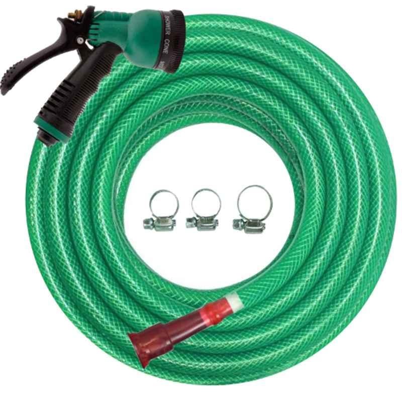 Cinagro 0.5 inch 20m Green Braided Hose Pipe Set with Nozzle Sprayer, Tap Adapter & 3 Clamps, CIN-HOP-SPN-L20