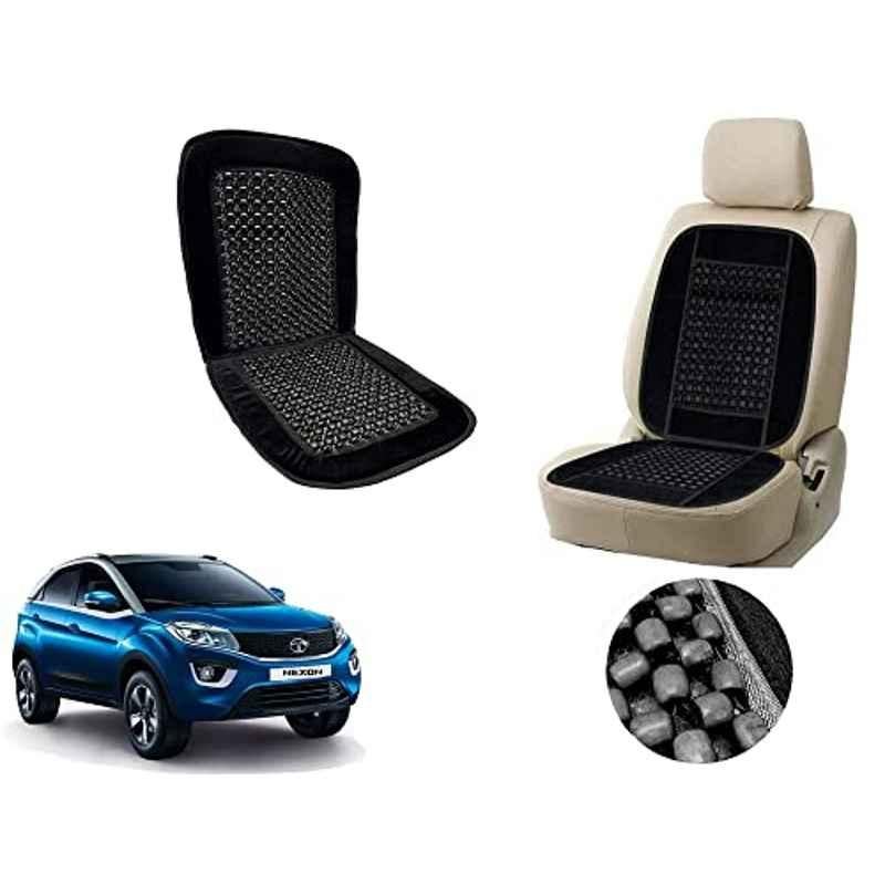 Auto Pearl PU, Velvet & Wooden Beads Black Rectangular Seat Cushion for Tata Nexon