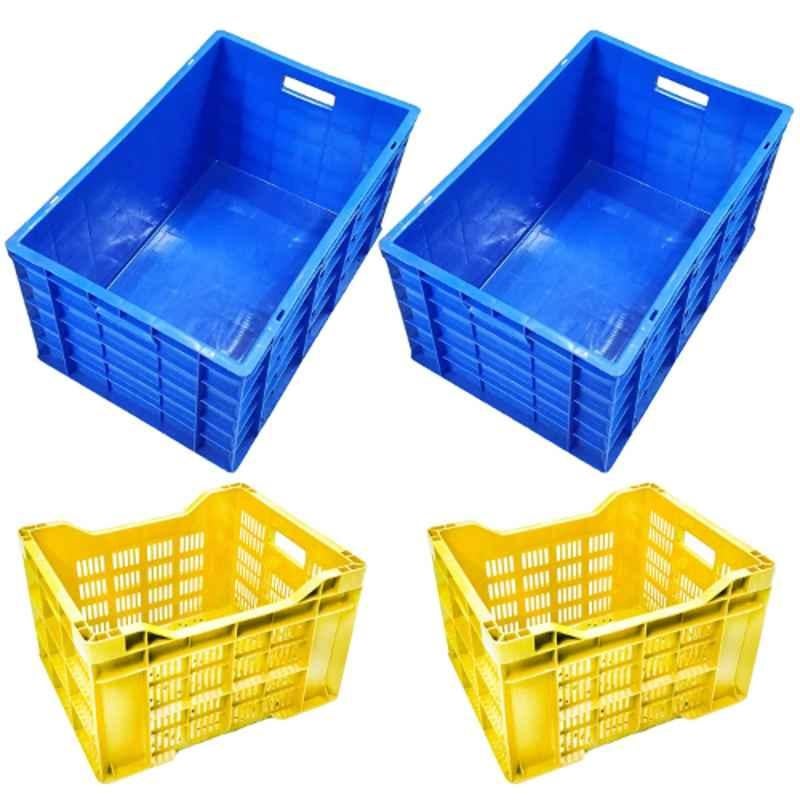 Xela 284-2BS 4 Pcs Plastic Blue & Yellow Multipurpose Heavy Duty Portable Crate Set