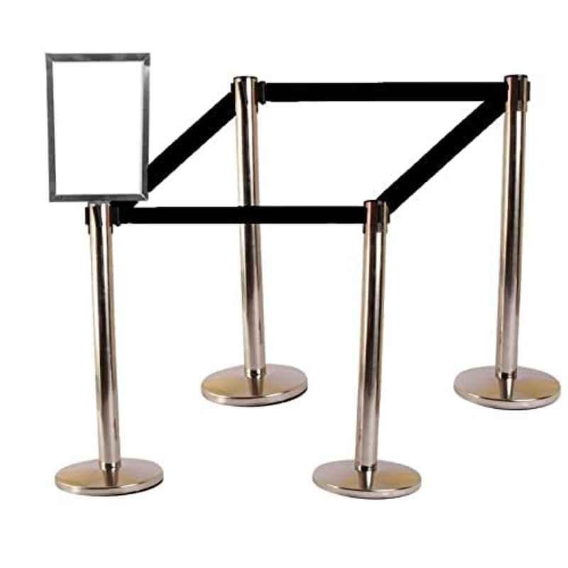 Ladwa 4 Pcs Stainless Steel 202 Hook Type Q Manager Set with 2.25m Black Nylon Belt & A4 Sign Plate, LSI-QMB-A4-P4-N