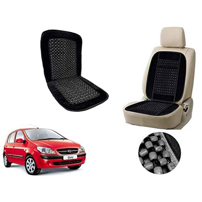 Auto Pearl PU, Velvet & Wooden Beads Black Rectangular Seat Cushion for Hyundai Getz