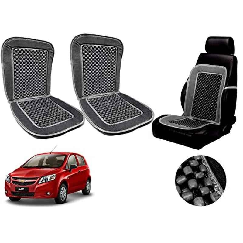 Auto Pearl PU, Velvet & Wooden Beads Grey Rectangular Seat Cushion for Chevrolet Sail Hatchback (Pack of 2 )