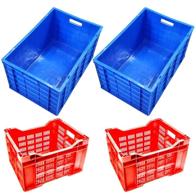 Xela 282-2BS 4 Pcs Plastic Blue & Red Multipurpose Heavy Duty Portable Crate Set