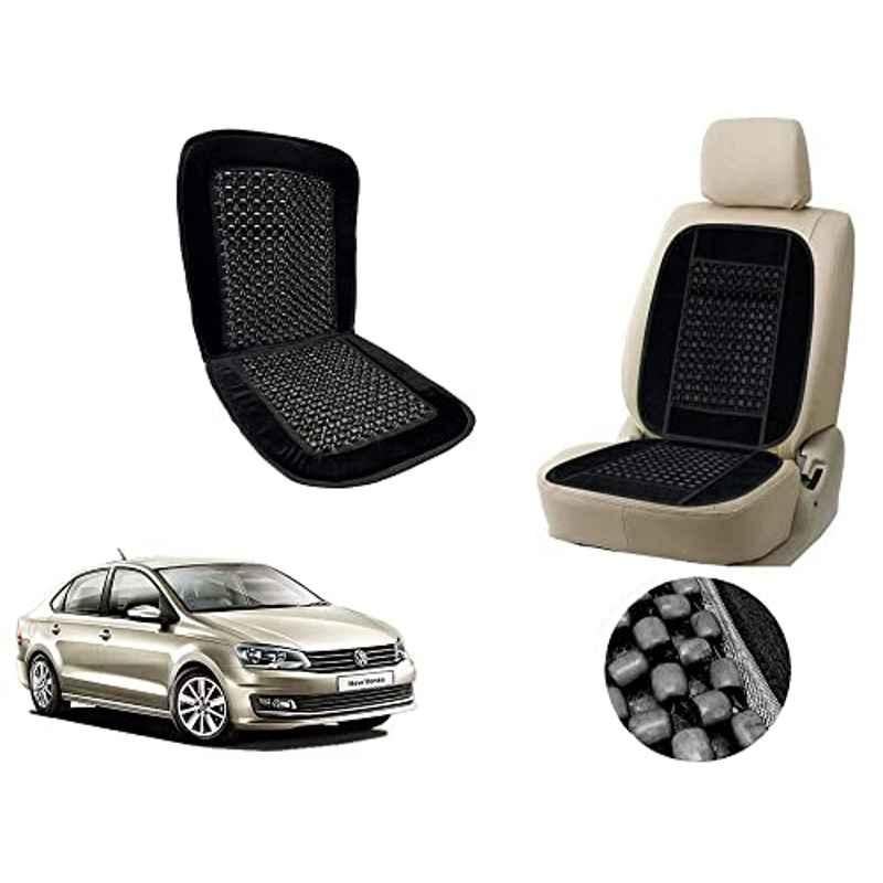 Auto Pearl PU, Velvet & Wooden Beads Black Rectangular Seat Cushion for Volkswagen Vento