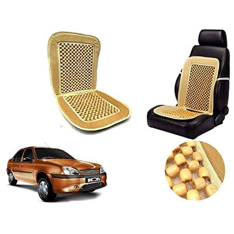 Auto Pearl PU, Velvet & Wooden Beads Beige Rectangular Seat Cushion for Ford Ikon