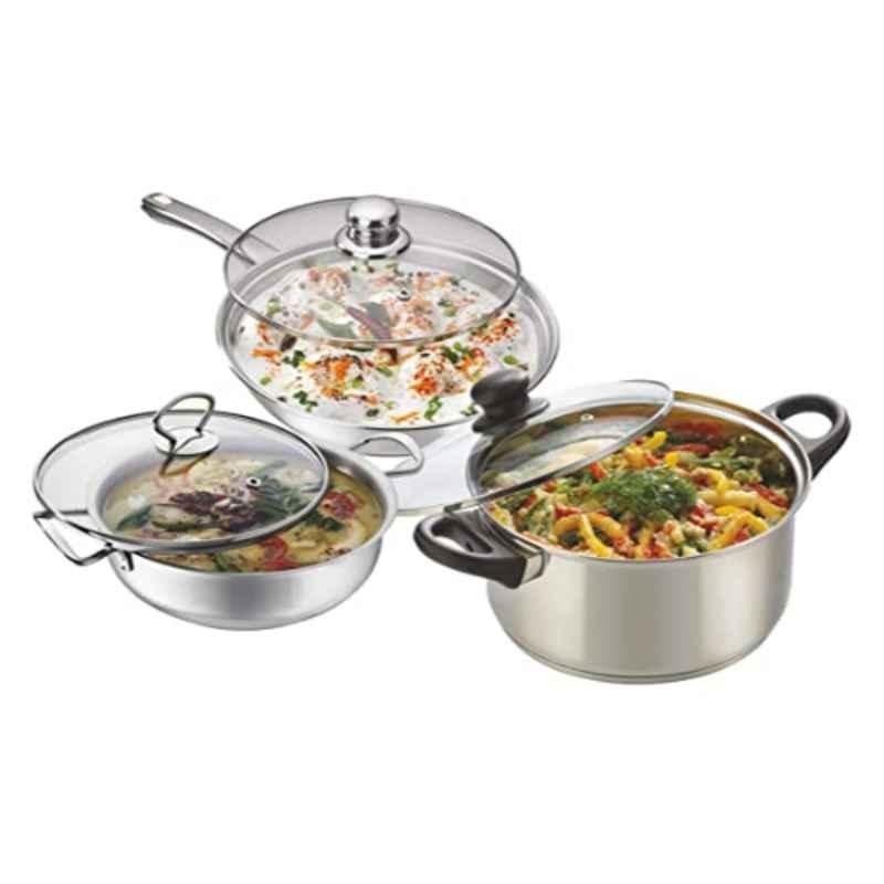 Maple 3 Pcs Enchant Stainless Steel Silver Heavy Bottom Cookware Set with Toughened Glass Lid, 72SS060
