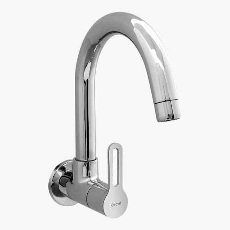 Kerovit Curve Silver Chrome Finish Wall Mounted Sink Cock with Swivel Spout & Flange, KB1711025