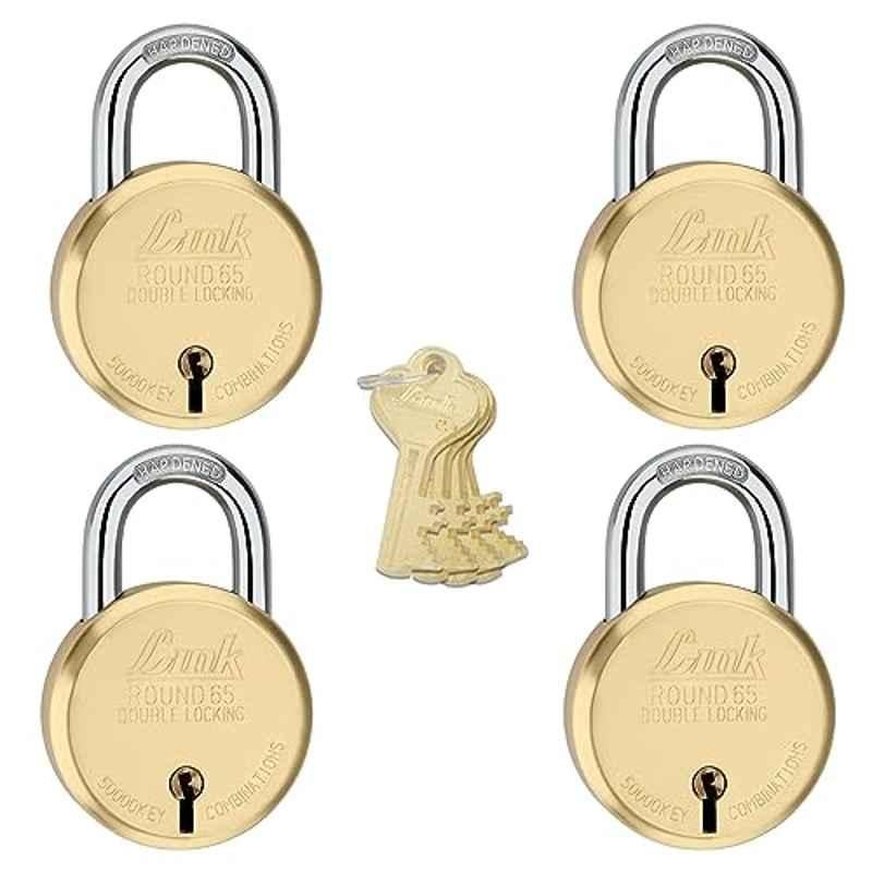 Link 65mm 8 Levers Gold Round Hardened Shackle Brass Padlock with Double Locking, 4 Keys & Free Key Hanger (Pack of 4)