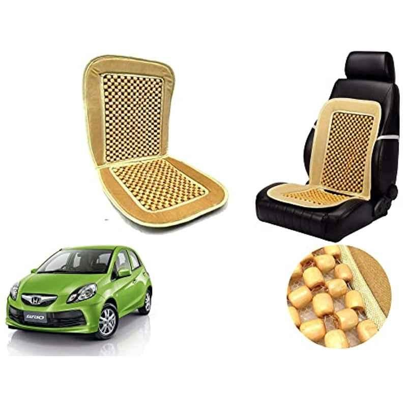 Auto Pearl PU, Velvet & Wooden Beads Beige Rectangular Seat Cushion for Honda Brio