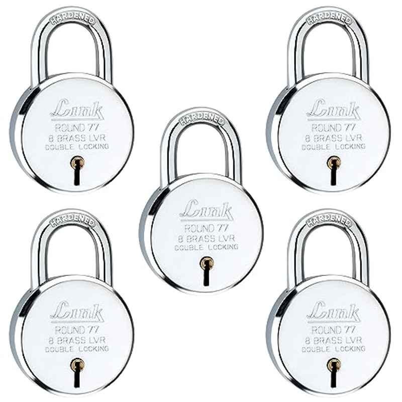 Link 77mm Steel Round Double Locking BCP Padlock with Brass Lever, 3 Silver Keys & Free Key Hanger (Pack of 5)