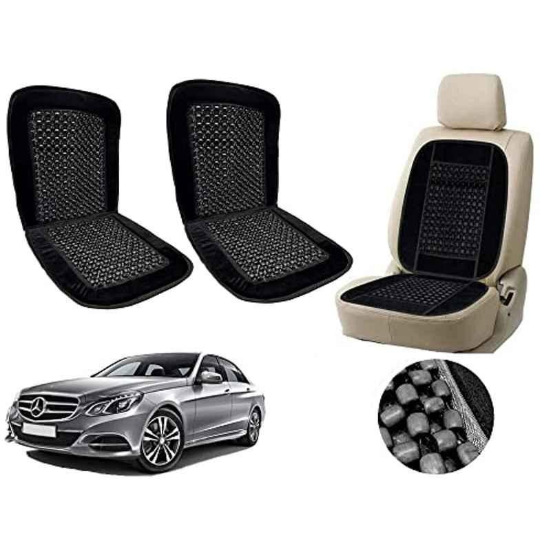 Auto Pearl PU, Velvet & Wooden Beads Black Rectangular Seat Cushion for Mercedes Benz E220 (Pack of 2 )