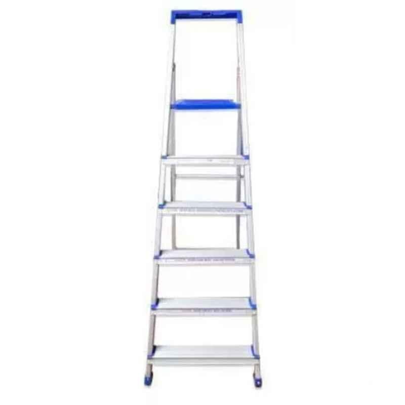 TNC 150kg 6 Steps  Aluminium & Plastic Silver & Blue Foldable Ladder with Platform & Hand Rail, N005111