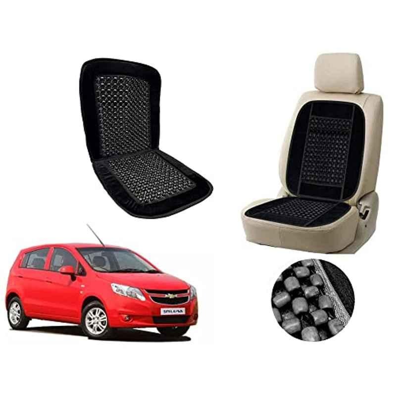 Auto Pearl PU, Velvet & Wooden Beads Black Rectangular Seat Cushion for Chevrolet UVA