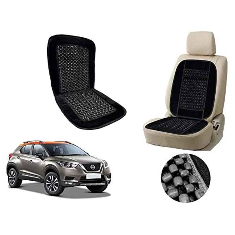 Auto Pearl PU, Velvet & Wooden Beads Black Rectangular Seat Cushion for Nissan Kicks