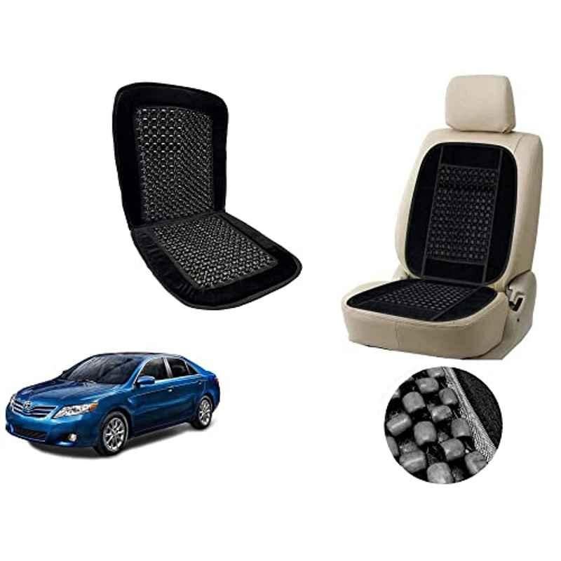 Auto Pearl PU, Velvet & Wooden Beads Black Rectangular Seat Cushion for Toyota Camry