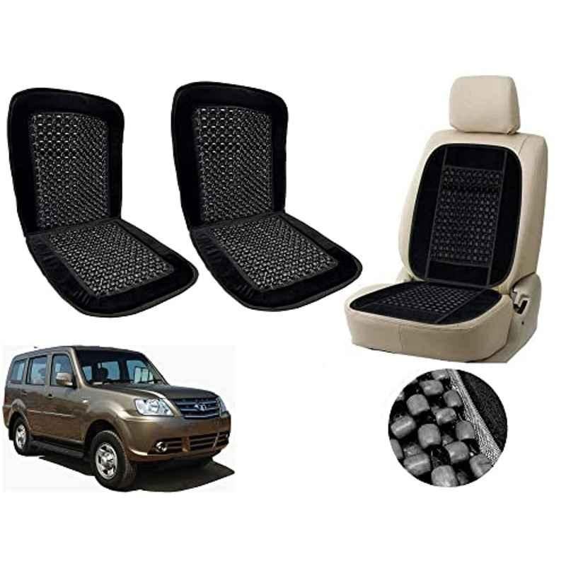 Auto Pearl PU, Velvet & Wooden Beads Black Rectangular Seat Cushion for Tata Sumo Grand (Pack of 2 )