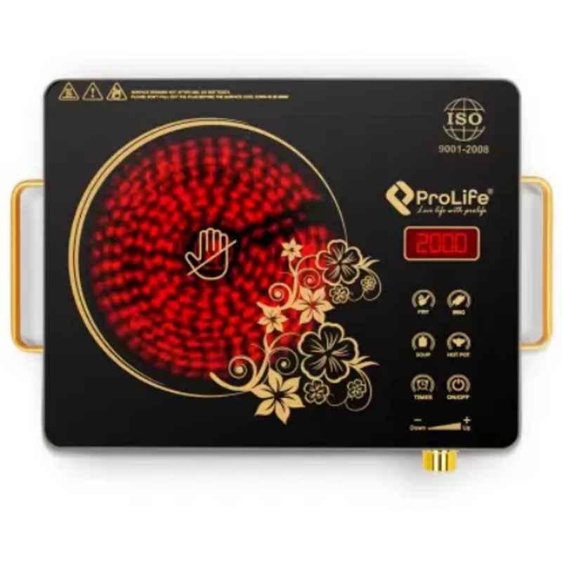 Prolife Crystal 2000W Aluminium Gold & Black Infrared All Utensil Useable Touch Panel Induction Cooktop with Knob