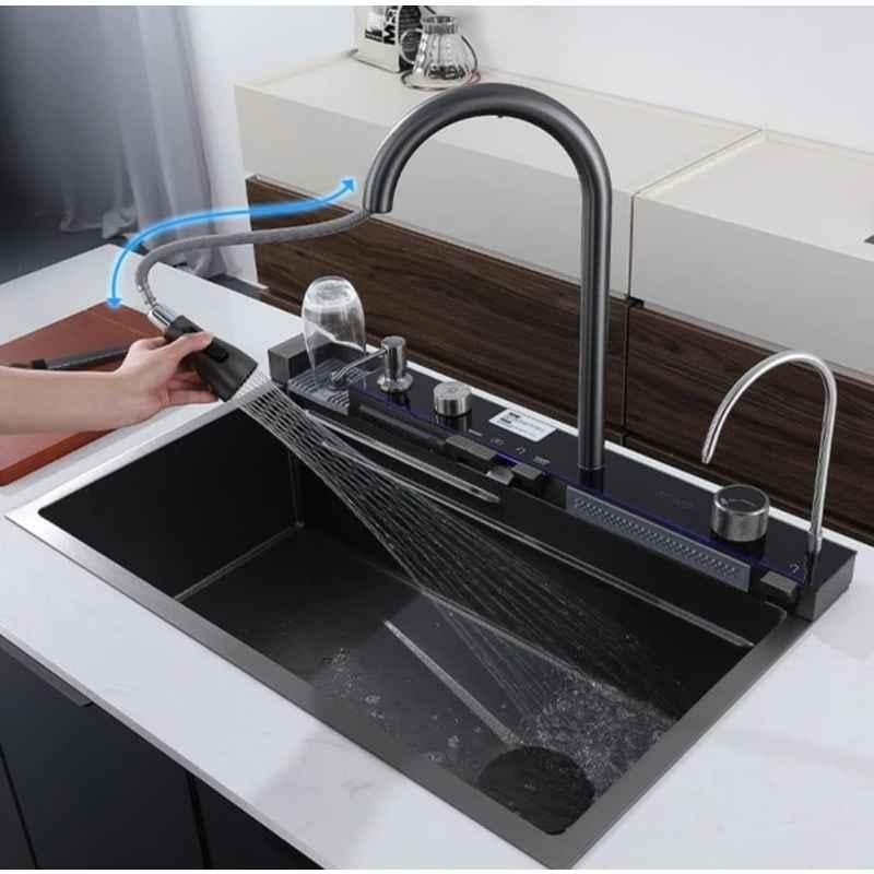 NextGen 28x18x8 inch Stainless Steel 304 Black Single Bowl Digital Integrated Multifunction Waterfall Kitchen Sink with LED Lights & 5 Piano Switch