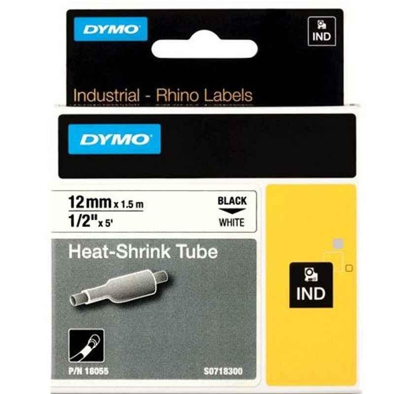 Dymo S0718300ï¿½Rhino 12mmx1.5m Black on White Heat Shrink Tubing Tape, 18055