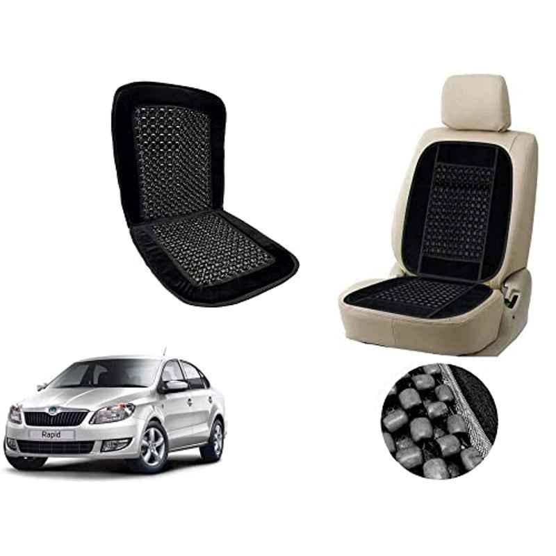 Auto Pearl PU, Velvet & Wooden Beads Black Rectangular Seat Cushion for Skoda Rapid
