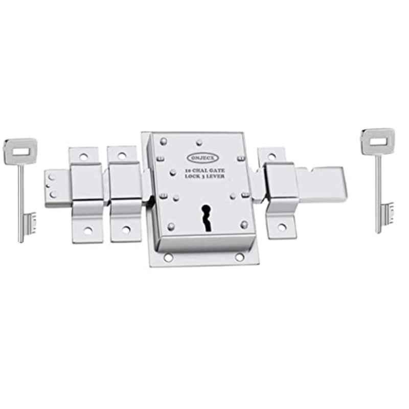 Onjecx 10 Chal Silver Finish Main Gate Lock with 2 CP Key, 3 Lever & Both Side Inter Lock, ZIGZAG01