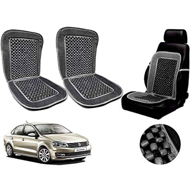 Auto Pearl PU, Velvet & Wooden Beads Grey Rectangular Seat Cushion for Volkswagen Vento (Pack of 2 )