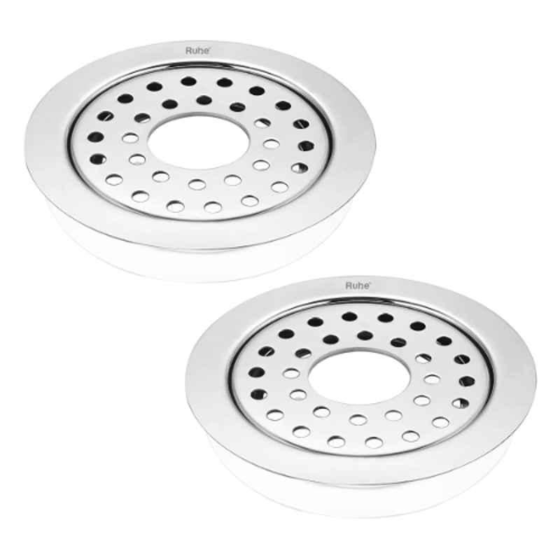 Ruhe 5 inch Stainless Steel Glossy Finish Multi Ring Round Flat Cut Floor Drain with Hole, 16-0610-12 (Pack of 2)