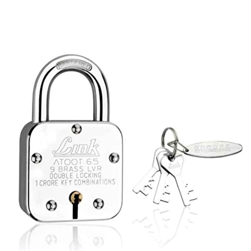 Link 65mm Steel Long Hardened Shackle Padlock with 9 Brass Lever, 3 Silver Keys, Keychain & Free Key Hanger, Atoot 65
