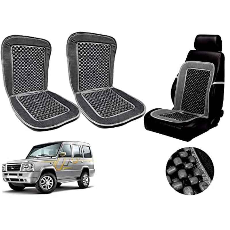 Auto Pearl PU, Velvet & Wooden Beads Grey Rectangular Seat Cushion for Tata Sumo (Pack of 2 )
