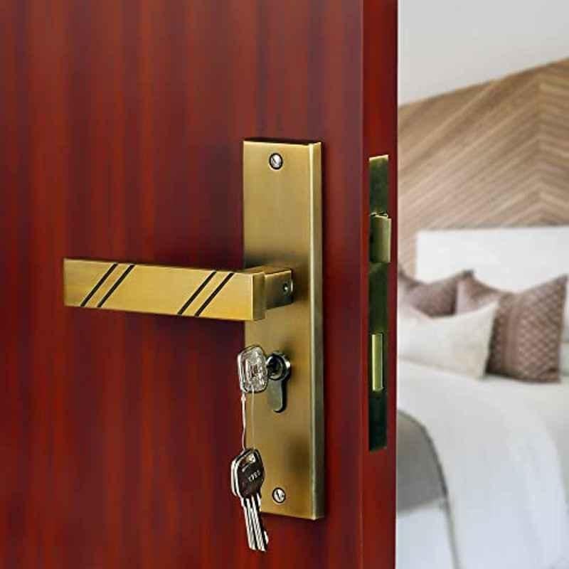Saze Altis Stainless Steel Antique Brass Matt Finish 4 Bullet Pin Mortise Door Lock Handle Set with 3 Computer Keys