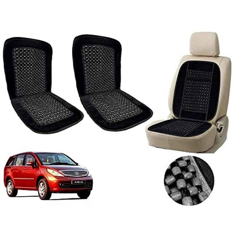 Auto Pearl PU, Velvet & Wooden Beads Black Rectangular Seat Cushion for Tata Aria (Pack of 2 )