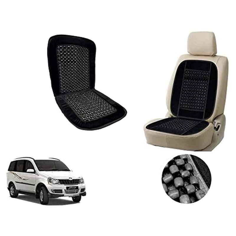 Auto Pearl PU, Velvet & Wooden Beads Black Rectangular Seat Cushion for Mahindra Xylo