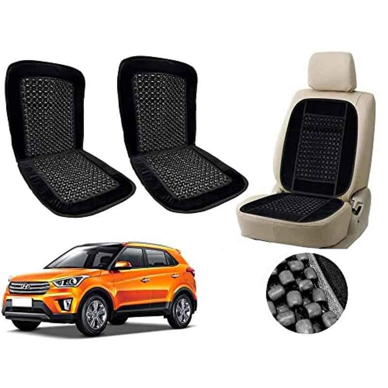 Auto Pearl PU, Velvet & Wooden Beads Black Rectangular Seat Cushion for Hyundai Creta (Pack of 2 )