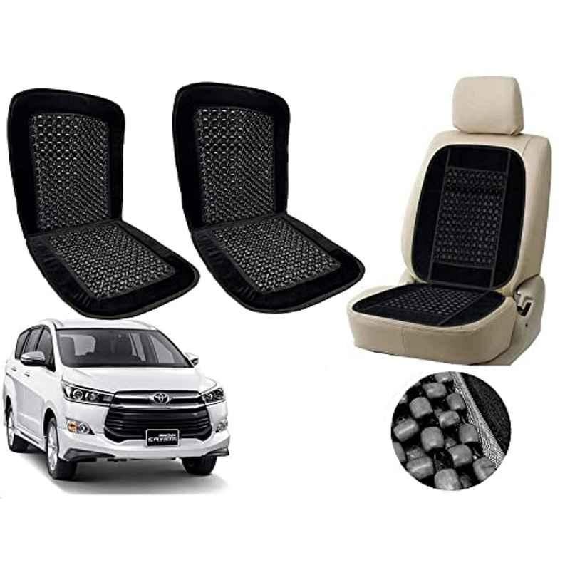 Auto Pearl PU, Velvet & Wooden Beads Black Rectangular Seat Cushion for Toyota Innova Crysta (Pack of 2 )