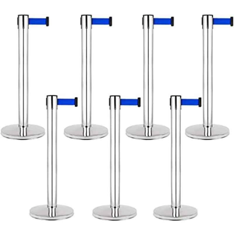 Ladwa 7 Pcs Blue Queue Manager with 202 Grade Extendable 2.25m Hook Type Stanchions Barrier Accessories Steel Barricade Set